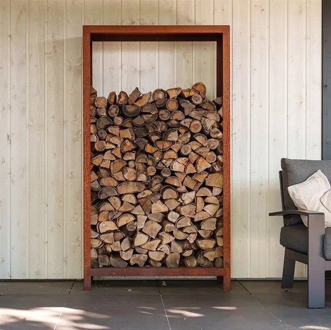 Cortenstaal houtopslag, tuinbank met houtopslag, Tuin en Terras, Haardhout, Minder dan 3 m³, Ophalen of Verzenden, Blokken