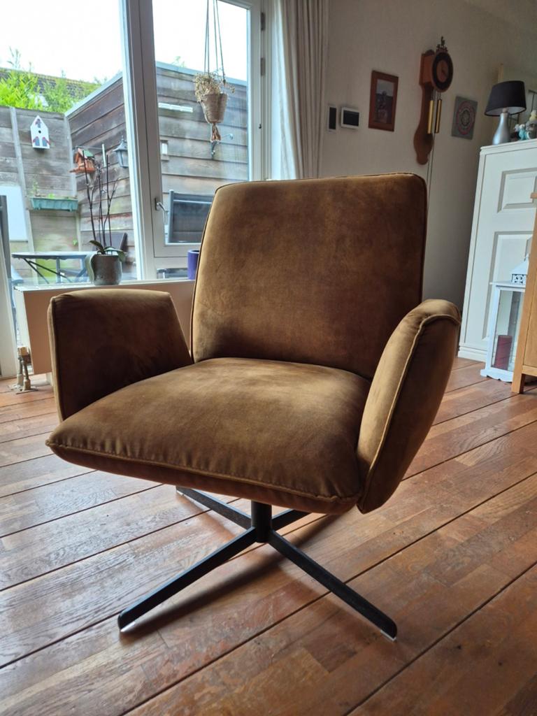 Fauteuil draaistoel  'Vivian' okergeel velours ZGAN, Ophalen, 75 tot 100 cm, Zo goed als nieuw, Stof