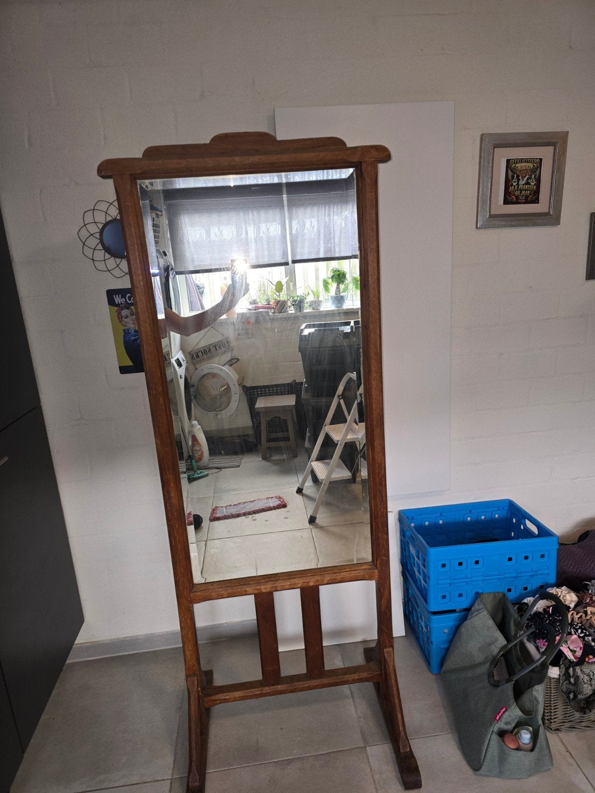 Vintage houten passpiegel, Antiek en Kunst, Ophalen, Rechthoekig, 50 tot 100 cm, 150 tot 200 cm