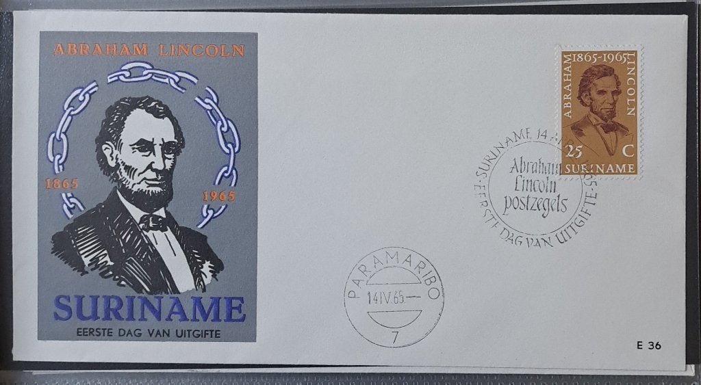 Suriname: 100e sterfdag Abraham Lincoln envelop 1965, Postzegels en Munten, Ophalen of Verzenden, Onbeschreven, Rest van de wereld