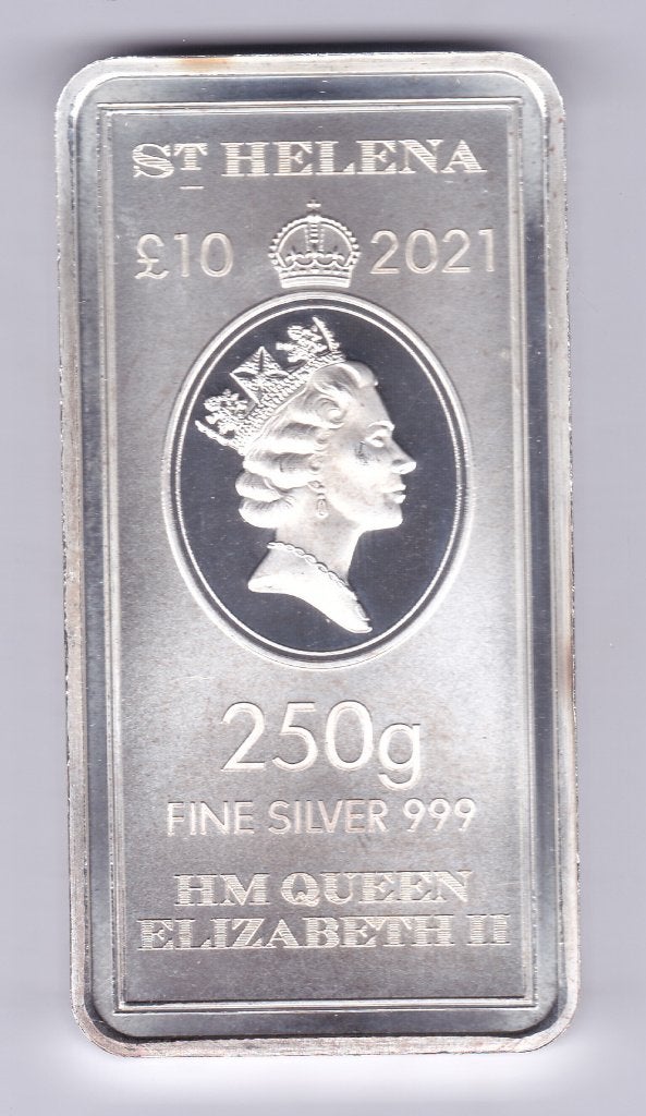 Muntbaar zilver van 250 gram (10 pounds 2021 St. Helena), Postzegels en Munten, Edelmetalen en Baren, Ophalen of Verzenden, Zilver