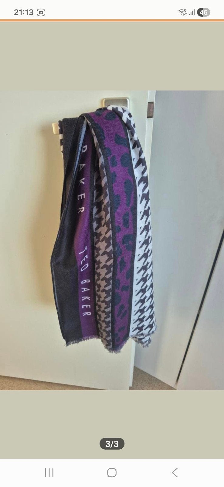 Ted Baker Sjaal - Zwart/Wit met Paarse Details, Maat 46/48 (XL) of groter, Ophalen of Verzenden, Zo goed als nieuw, Sjaal