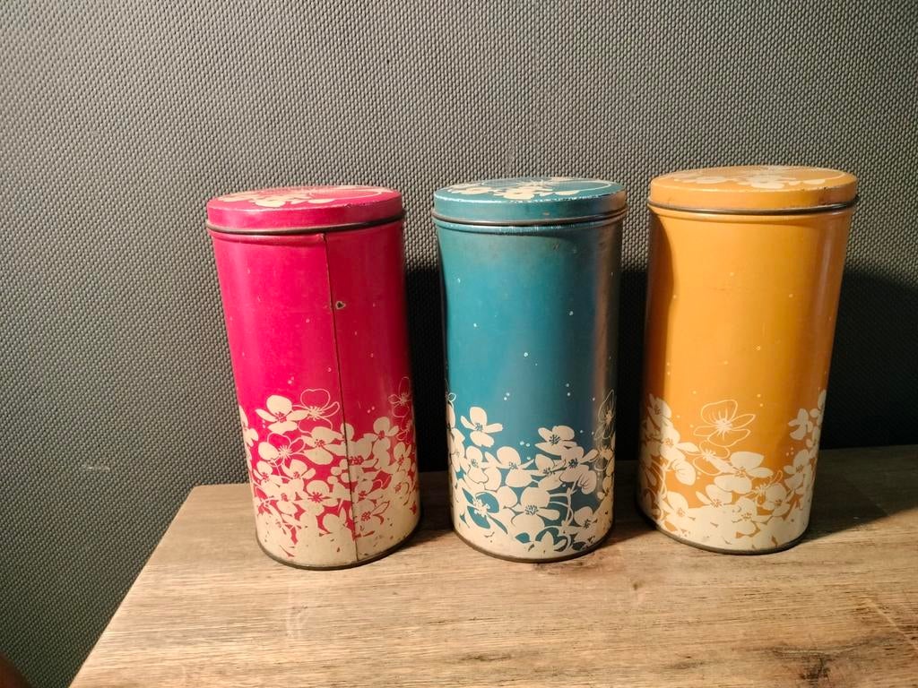 Set van 3 Vintage Hooimeijer Beschuitbussen - Bloemenprint, Ophalen of Verzenden, Gebruikt, Beschuit, Overige merken