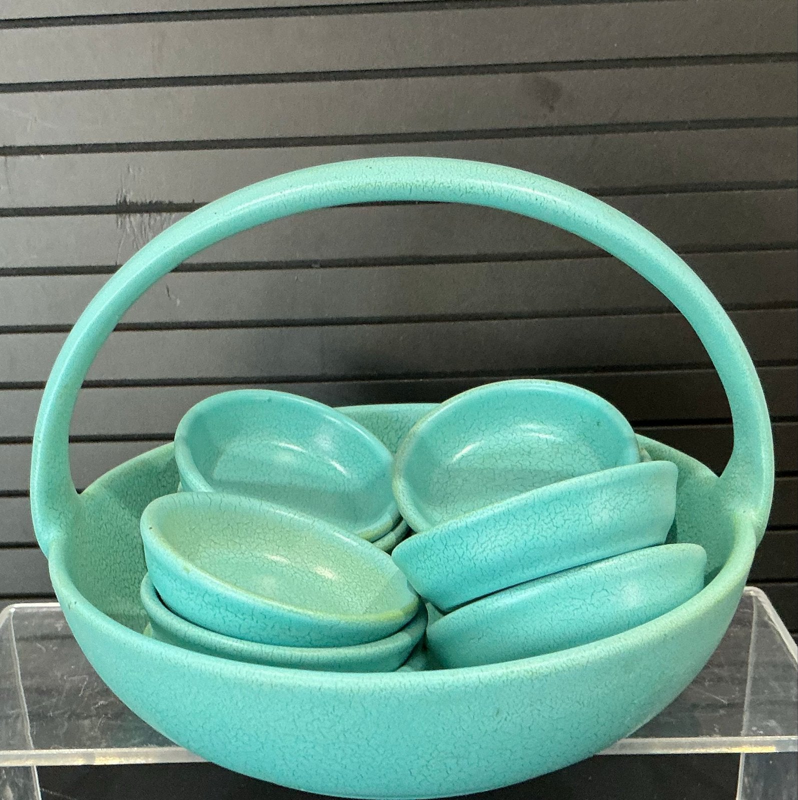 Vintage Pindasetje Turquoise set met 11 schaaltjes en mand, Verzenden