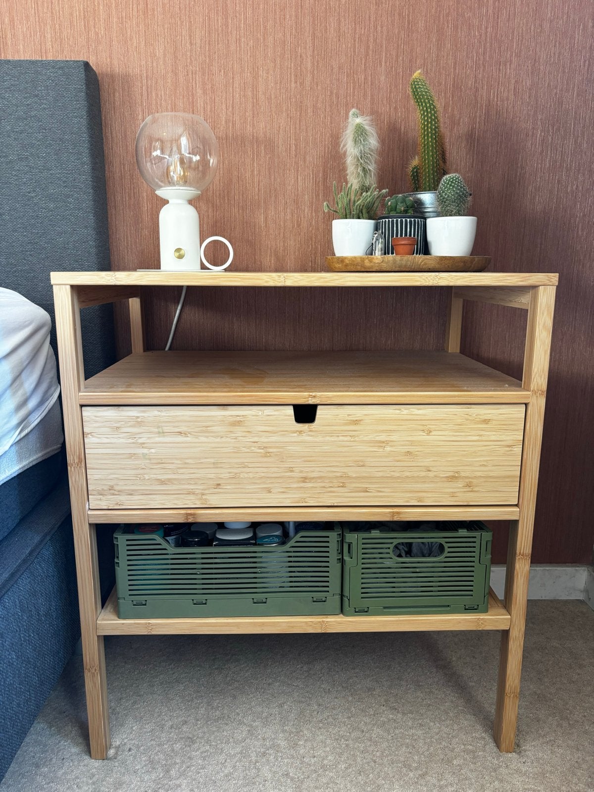 2x IKEA NORDKISA Nachtkastje Bamboe met lade, Ophalen, Minder dan 45 cm, 55 tot 70 cm, Zo goed als nieuw