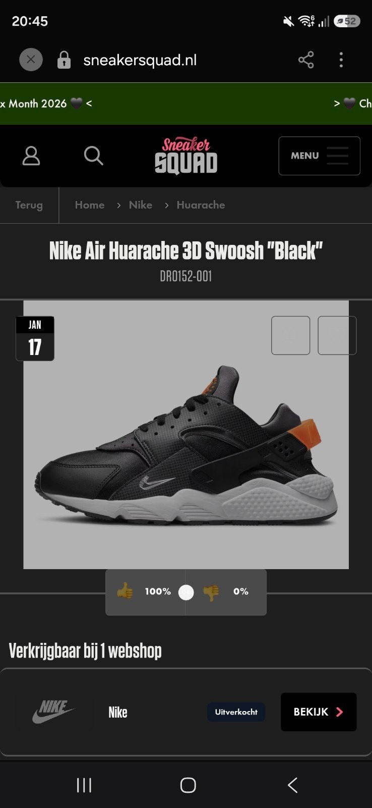 Nike Air Huarache 3D Swoosh "Black" sneakers, Ophalen of Verzenden, Zwart