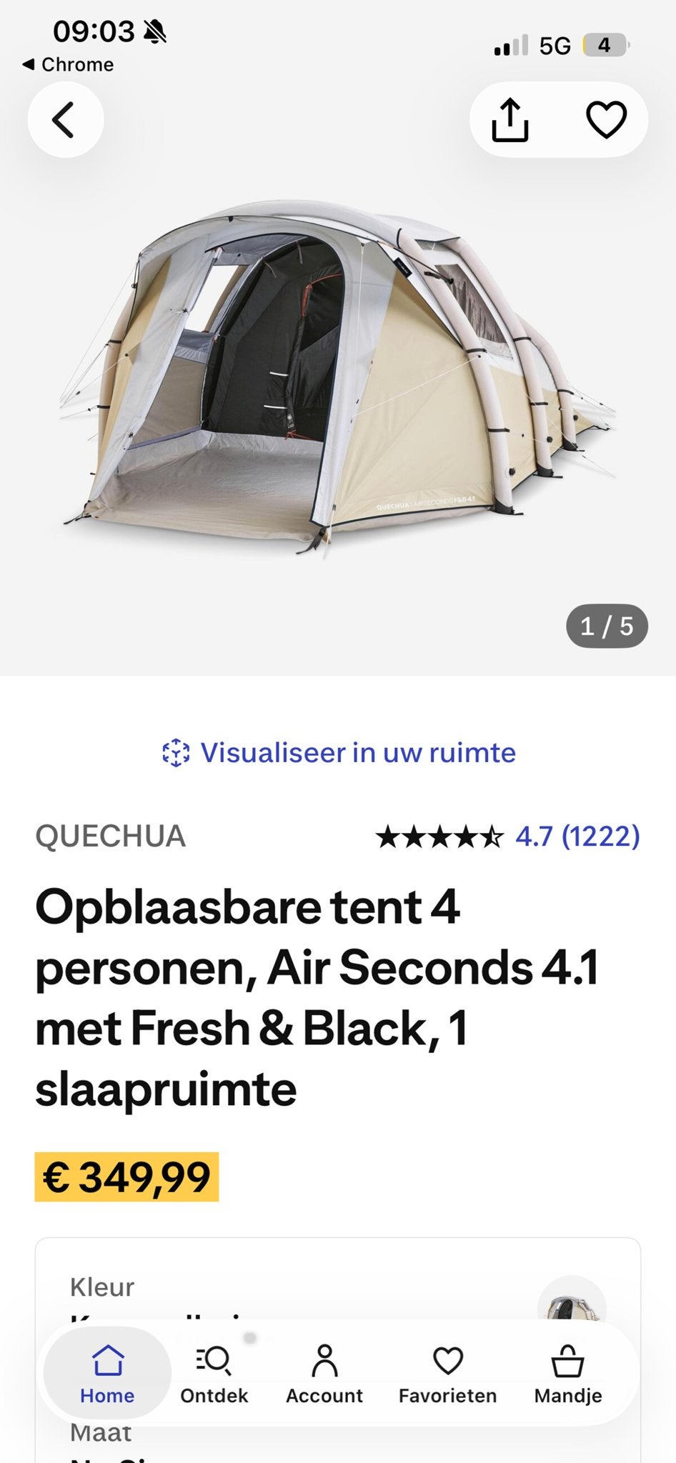 QUECHUA Opblaasbare tent 4 personen Air Seconds 4.1, Ophalen, Zo goed als nieuw, Tot en met 4