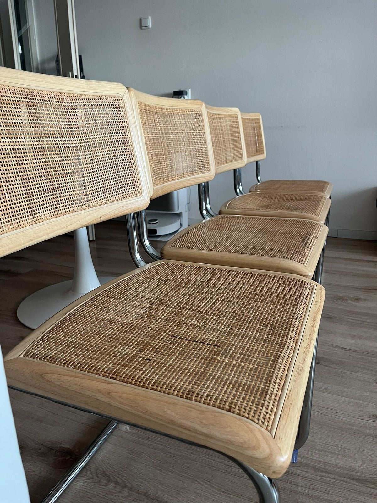 4 vintage stoelen met rotan zitting en chromen frame, Huis en Inrichting, Ophalen