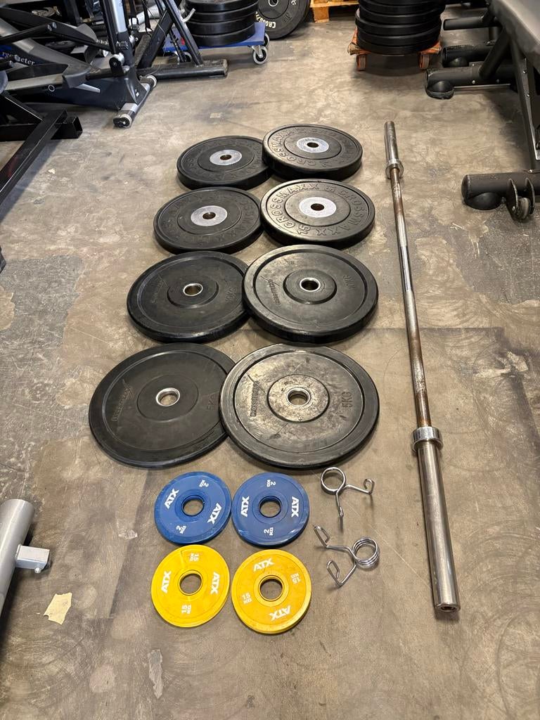 Crossmaxx Bumperplates + ATX Schijven + Stang - Dordrecht, Sport en Fitness, Fitnessmaterialen, Ophalen, Gebruikt, Halter set
