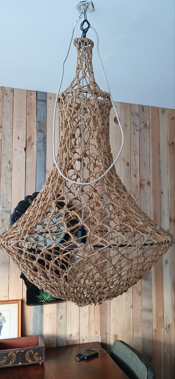 Macramé Hanglamp 120x70cm, Gebruikt, Natuurlijk materiaal, E27 (groot), Bohemian, Natuurlijk