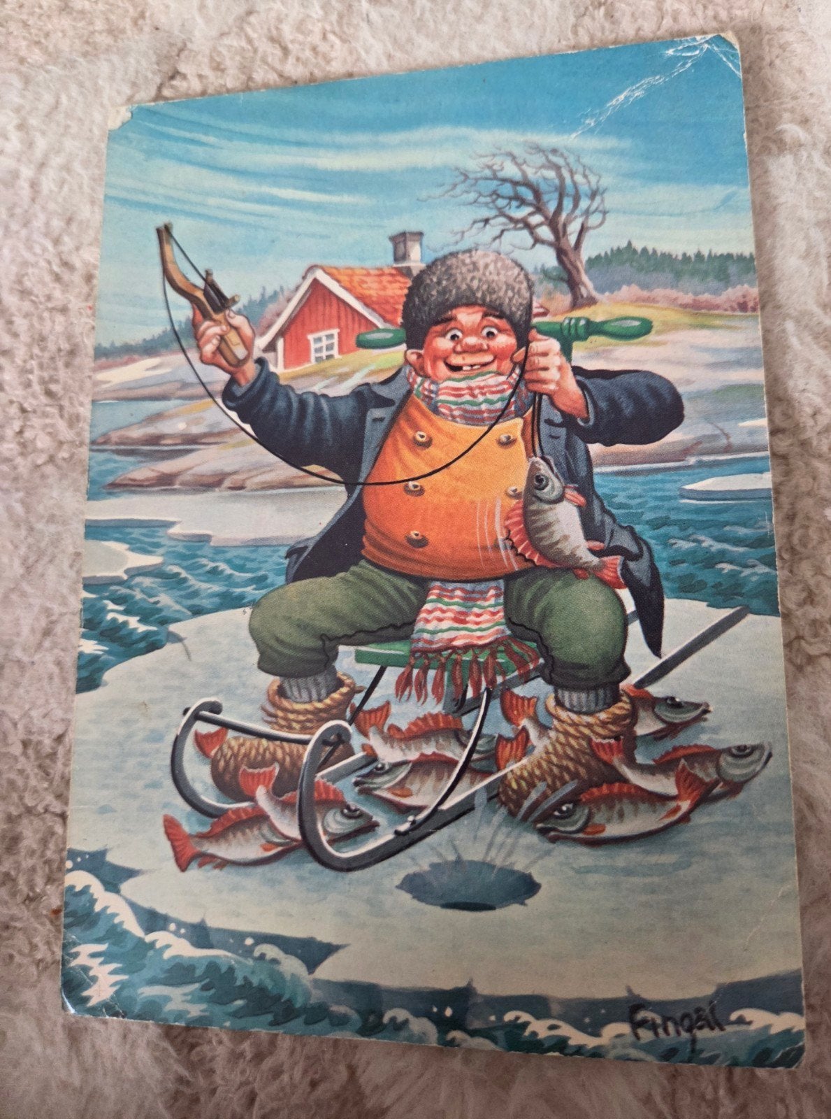 Vintage Zweedse Ansichtkaart: Visser op het IJs, Verzenden, 1960 tot 1980, Gelopen, Overige thema's