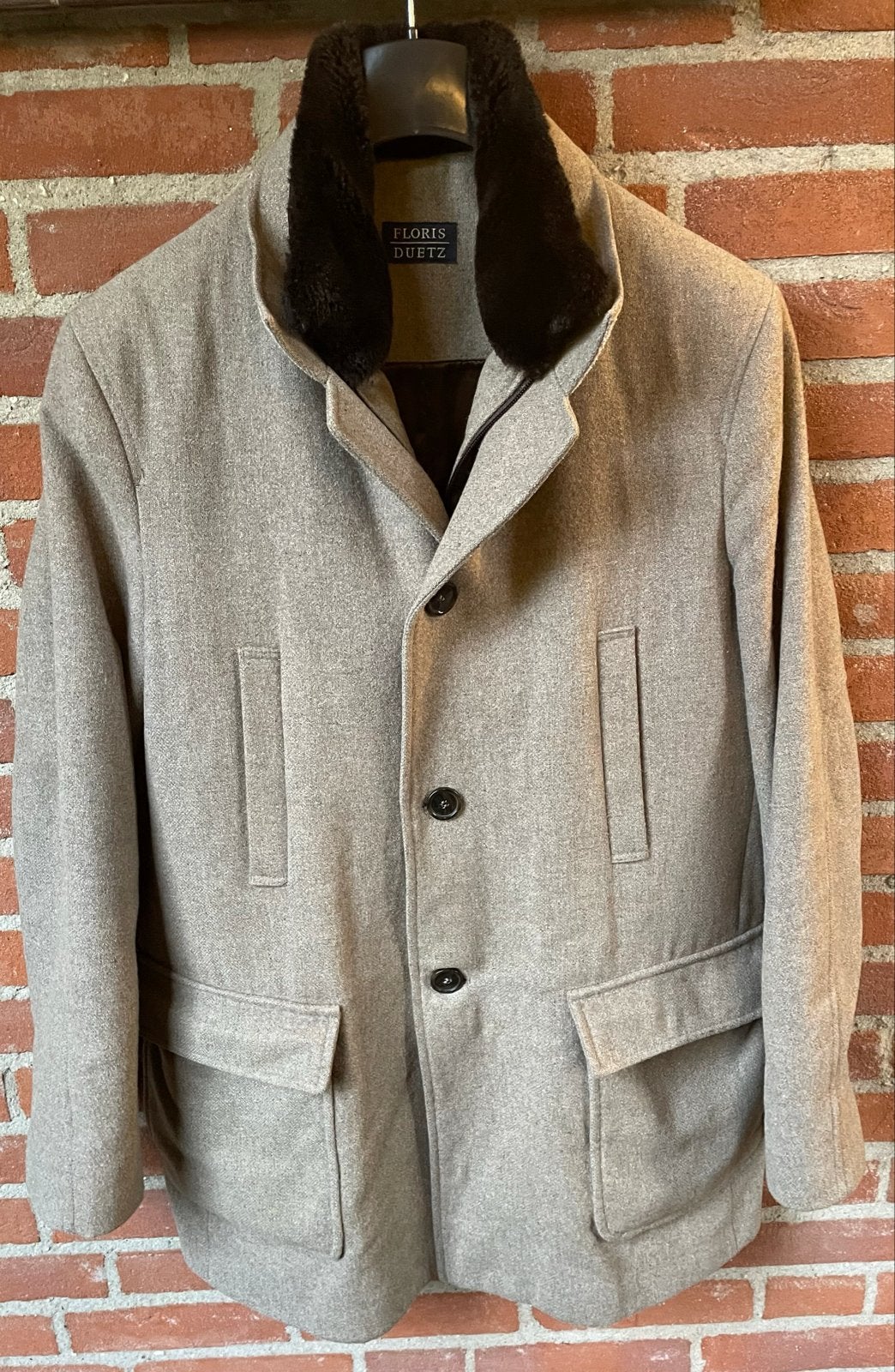 Floris Duetz Herenjas met Bontkraag Grijs-beige Wolmix Mt 52, Ophalen of Verzenden, Gedragen, Maat 52/54 (L), Beige