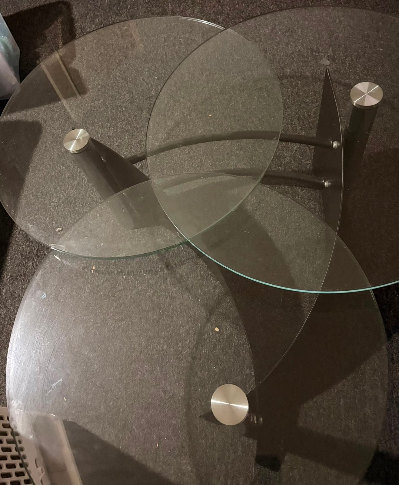 Glazen salontafel met drie ronde bladen, Ophalen, 50 – 75, Gebruikt, 50 tot 100 cm