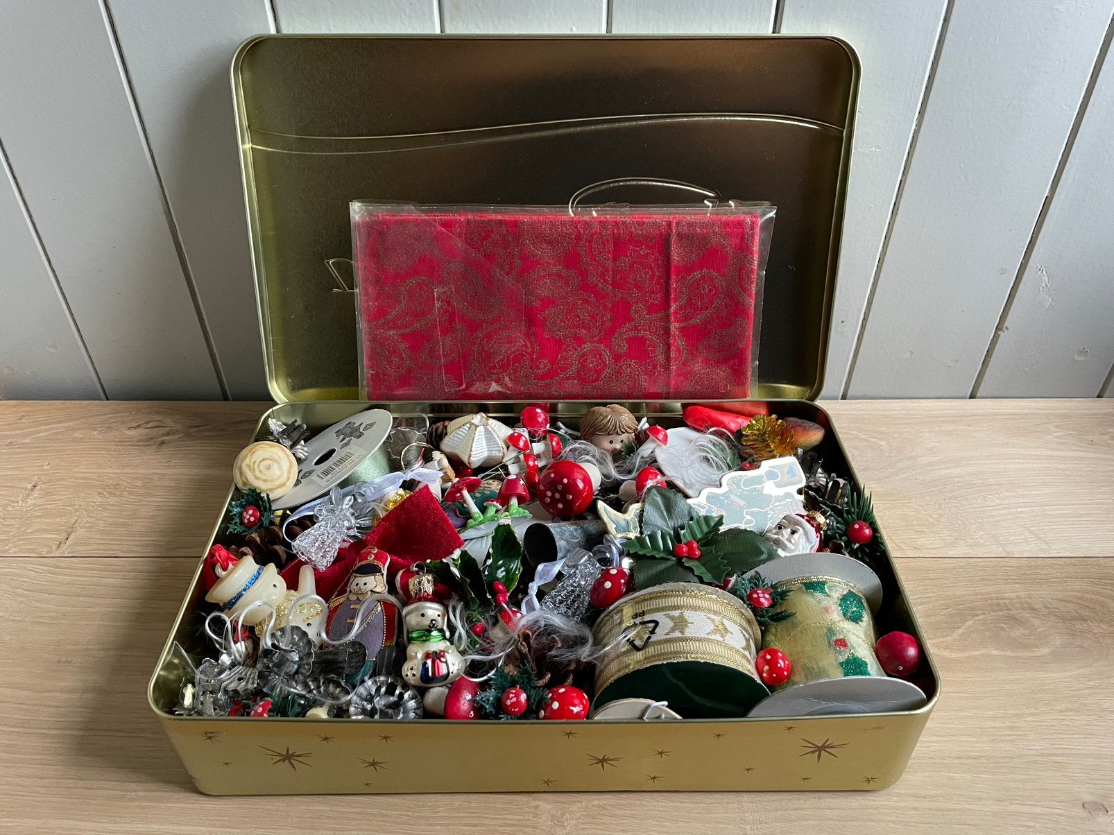 Retro Kerst blik kaars klem paddestoelen lint engeltjes 👼🏻, Ophalen of Verzenden, Gebruikt