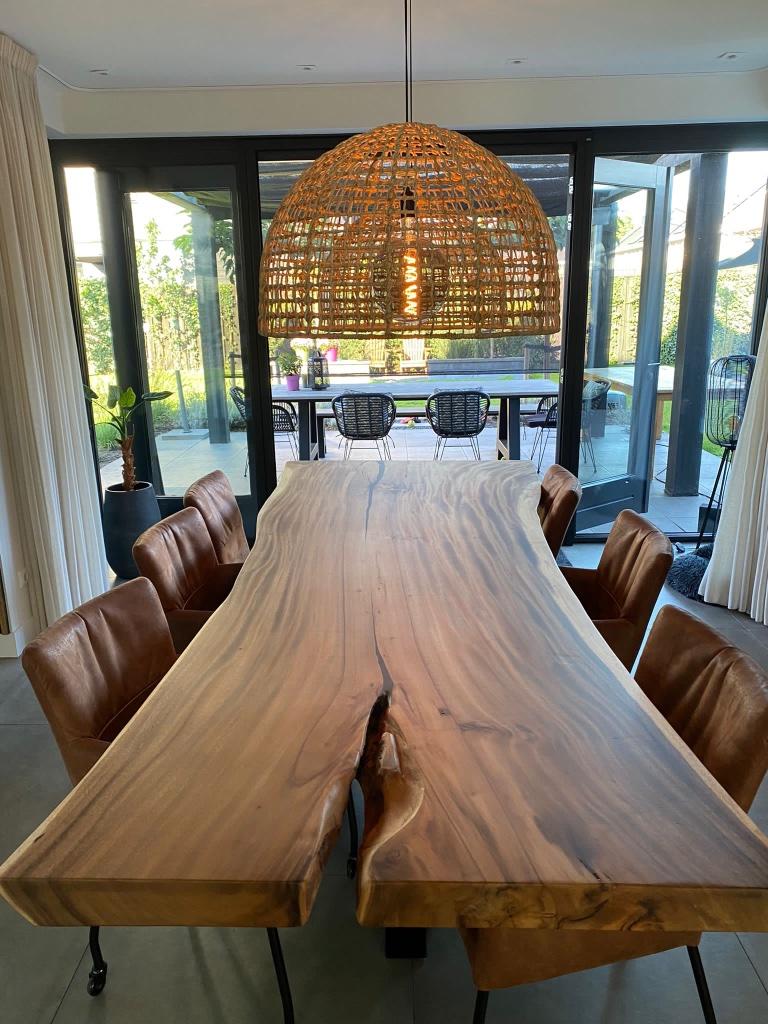grote voorraad eettafels en salontafels, Huis en Inrichting, Tafels | Eettafels, Ophalen, Eikenhout, 100 tot 150 cm, Landelijk robuust boomstam chique industrieel