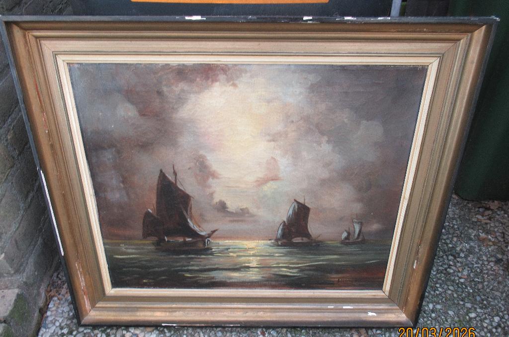 OUD SCHILDERIJ -ZEEZICHT ZONSONDERGANG-ZEILSCHEPEN-BELLAARD?, Antiek en Kunst, Kunst | Schilderijen | Klassiek, Ophalen