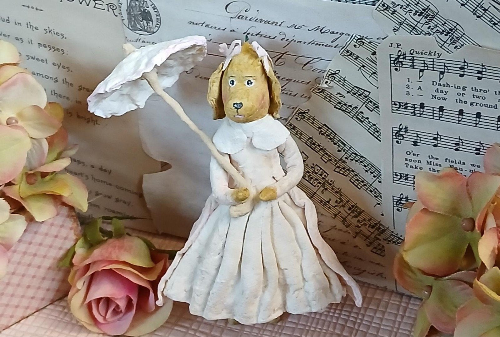 Prachtig brocante wattenpopje Poedel met parasol Spuncotton, Ophalen of Verzenden