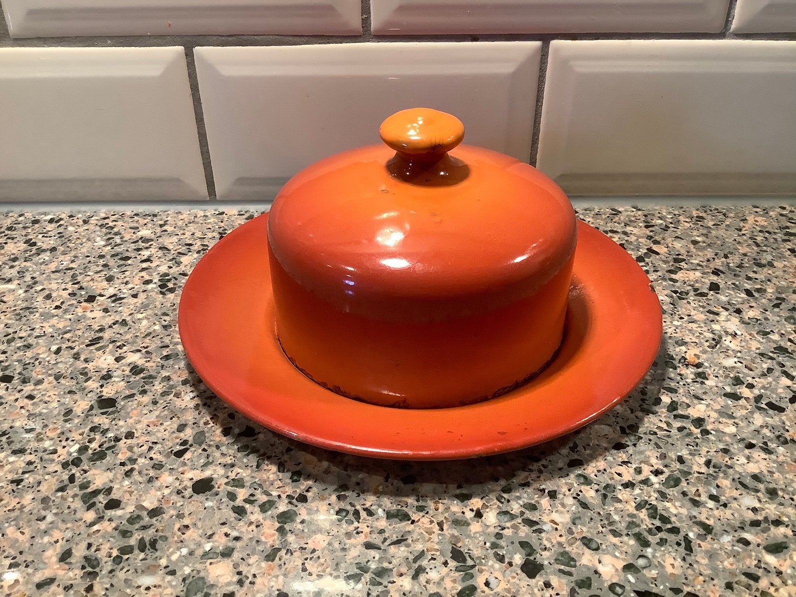 🧡 emaille oranje gevlamde terracotta botervloot, Ophalen of Verzenden