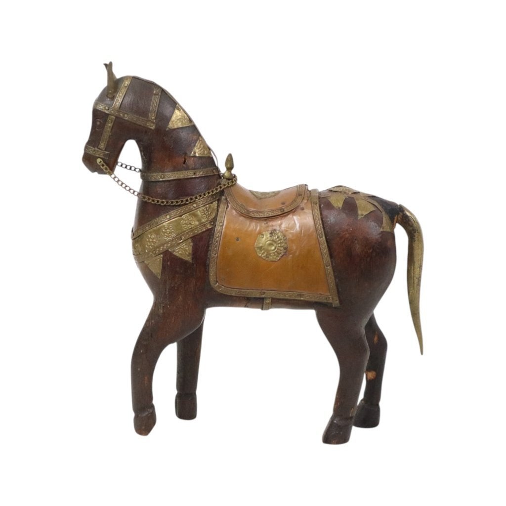 Vintage Houten Marwari Paard Beeld Koper Beslag 26cm, Ophalen of Verzenden, Zo goed als nieuw, Dier