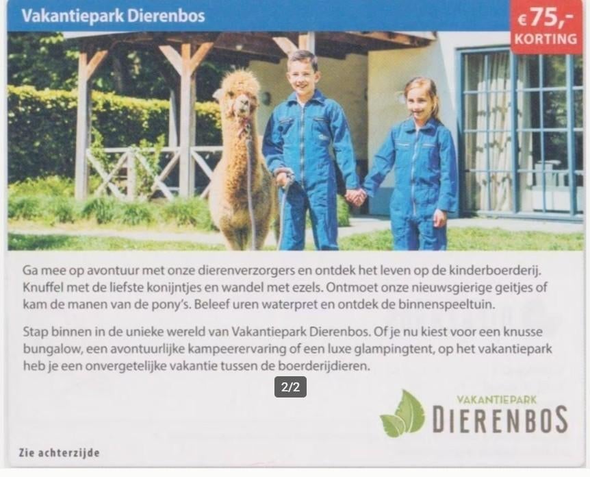 Vakantiepark Dierenbos € 75,- kortingslink/code, Drie personen of meer, Kortingsbon, Bungalowpark