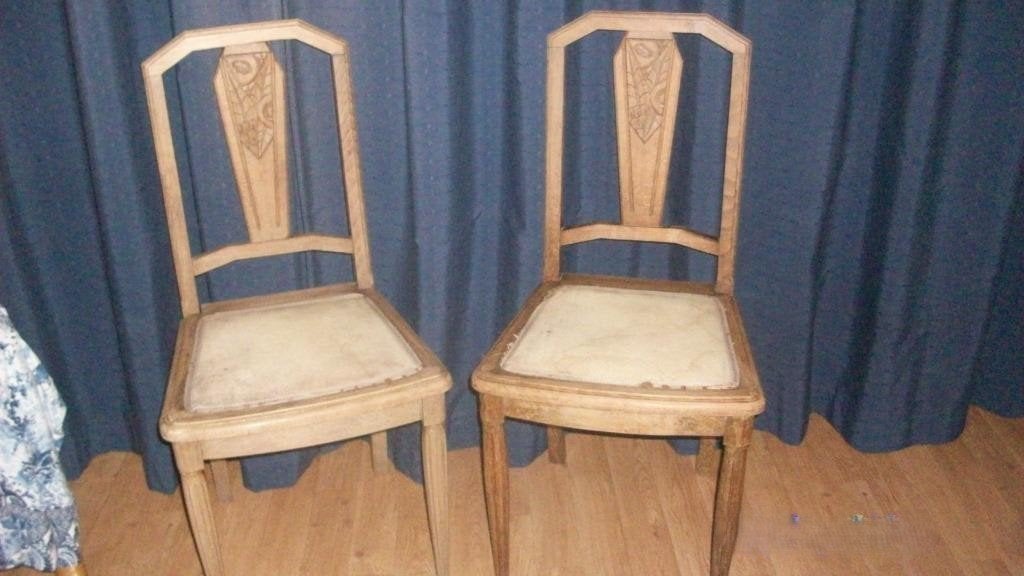 Set van 2 vintage houten stoelen met gestoffeerde zitting, Ophalen