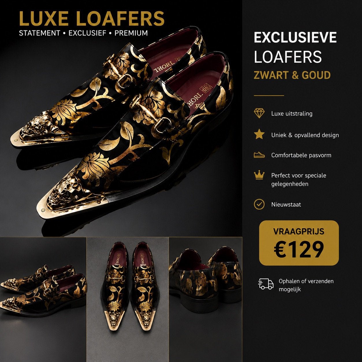 Luxe Statement Loafers Zwart/Goud – Uniek Design, Loafers, Zwart, Nieuw, Ophalen of Verzenden