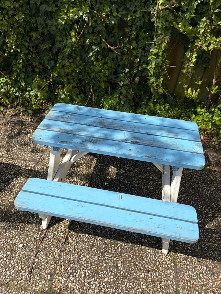 Picknicktafel kind wit blauw 90x90x55 cm FSC 100% grenenhout, Tuin en Terras, Picknicktafels, Gebruikt, Rechthoekig, Hout, Ophalen