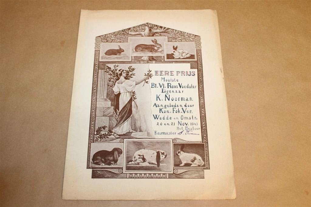 2 diploma\'s - Kon. Fok. Ver. Wedde - 1943 [Konijnen] !!, Ophalen of Verzenden, Gelezen
