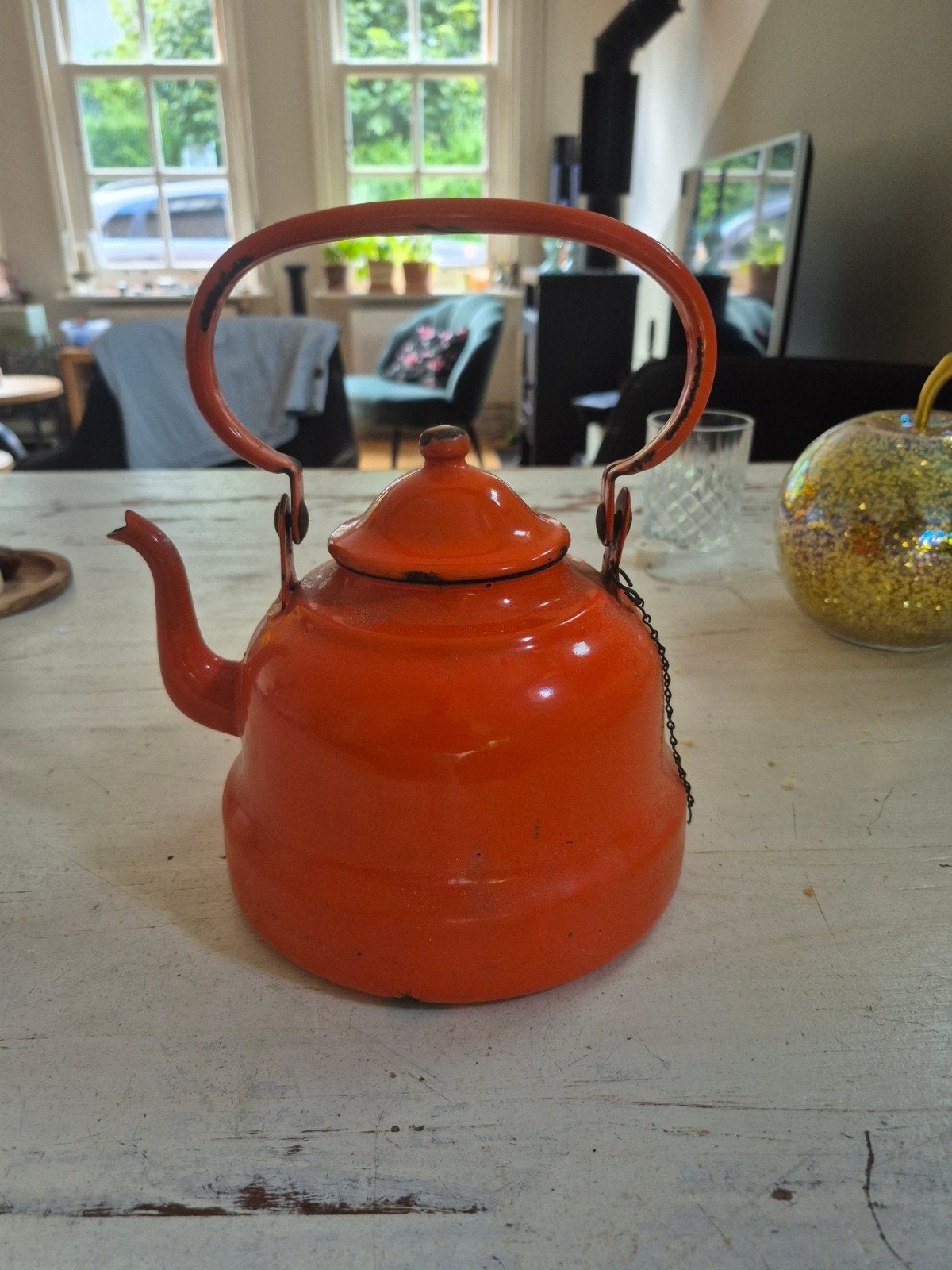 Vintage Oranje Emaille Theepot / Ketel, Antiek en Kunst, Ophalen of Verzenden
