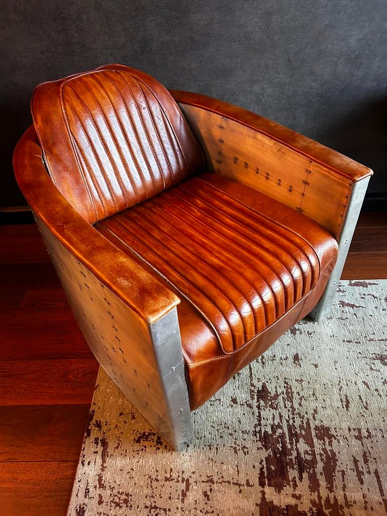 Aviator fauteuil - Cognac leer en aluminium, Ophalen, Zo goed als nieuw, Leer, 75 tot 100 cm