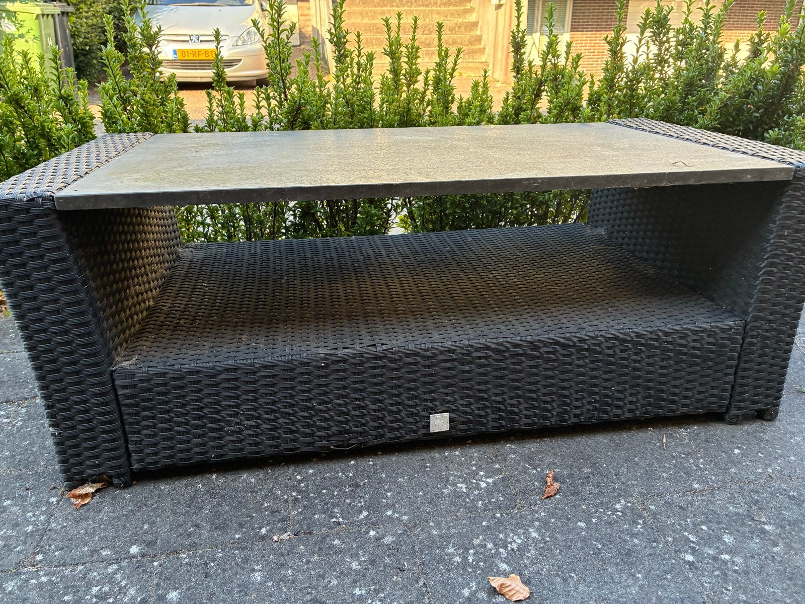 Wicker tuintafel met stenen blad, Tuin en Terras, Tuintafels, Ophalen, Gebruikt, Rechthoekig, Wicker