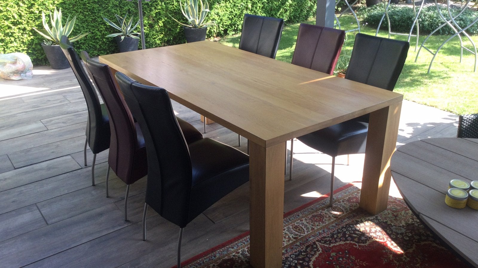 Mooie beuken eettafel met 6 lederen stoelen, Ophalen, Zo goed als nieuw, Rechthoekig