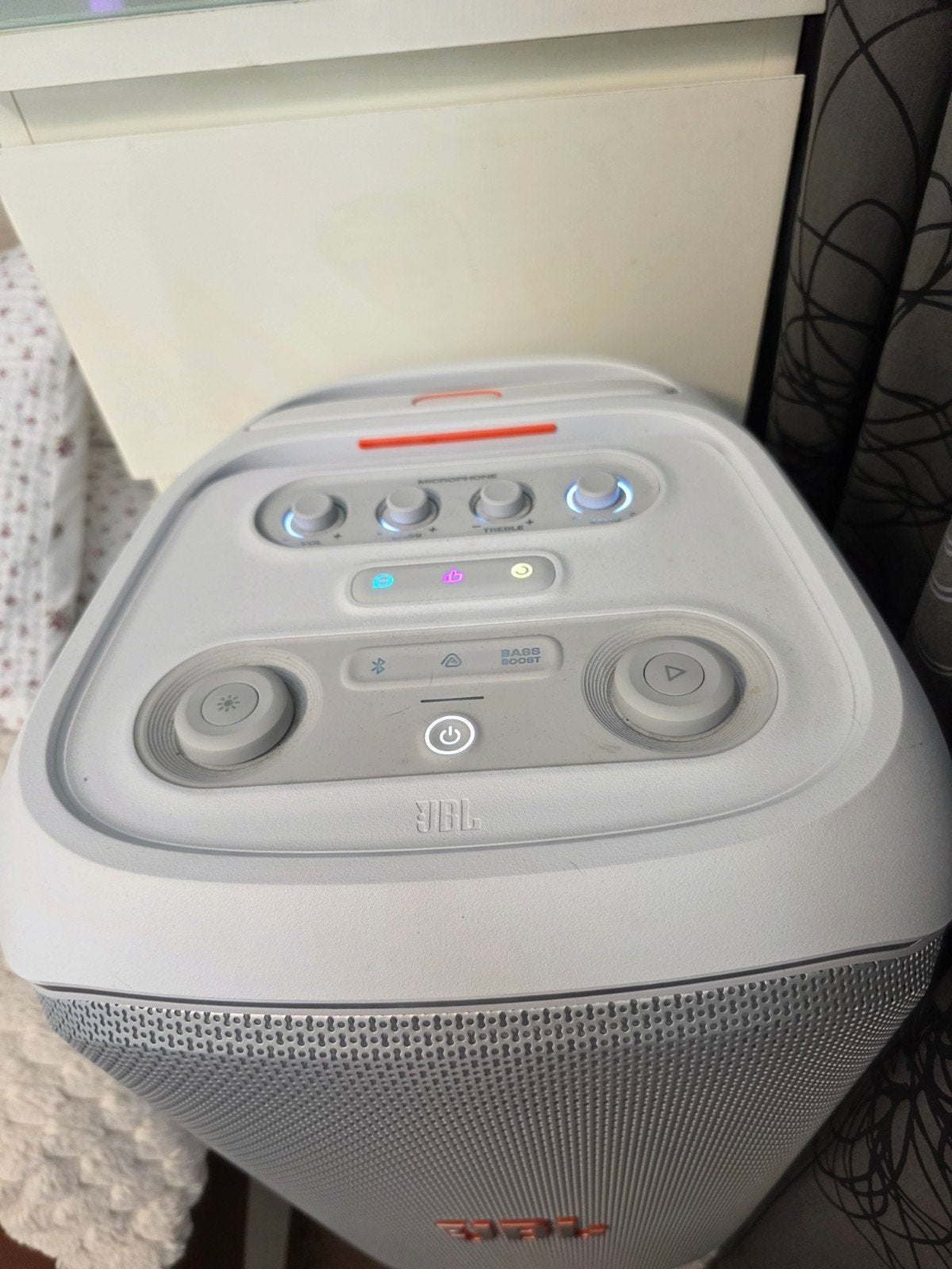 JBL Partybox Stage 320 Wit + Draadloze microfoonset, Audio, Tv en Foto, Luidsprekers, JBL, Party speaker, Zo goed als nieuw, Bluetooth