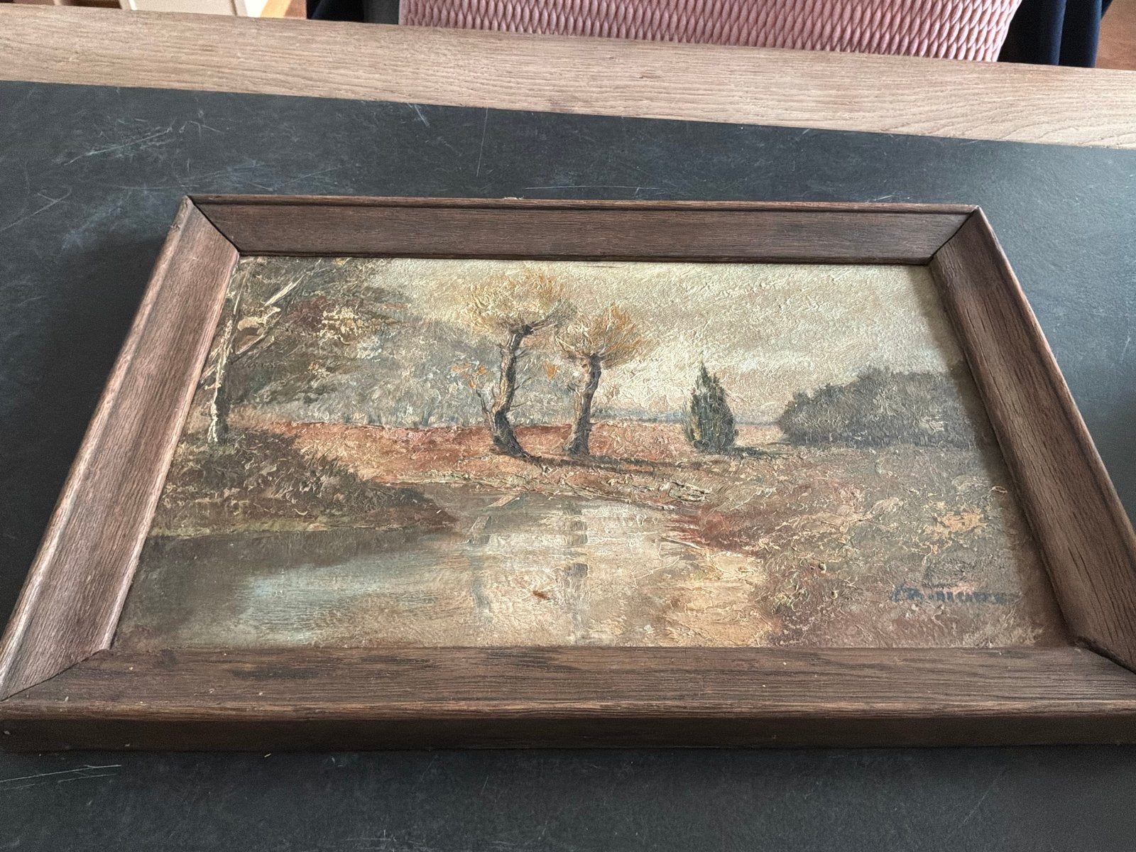 Olieverfschilderij Landschap met water en bomen, Antiek en Kunst, Paneel, Realistisch, Ophalen of Verzenden, Gesigneerd