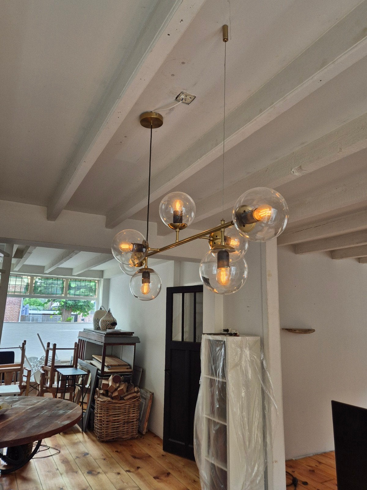Hepta design hanglamp met 7 glazen bollen INCL. lampjes, Design stijlvol modern, Zo goed als nieuw, Glas, E27 (groot)