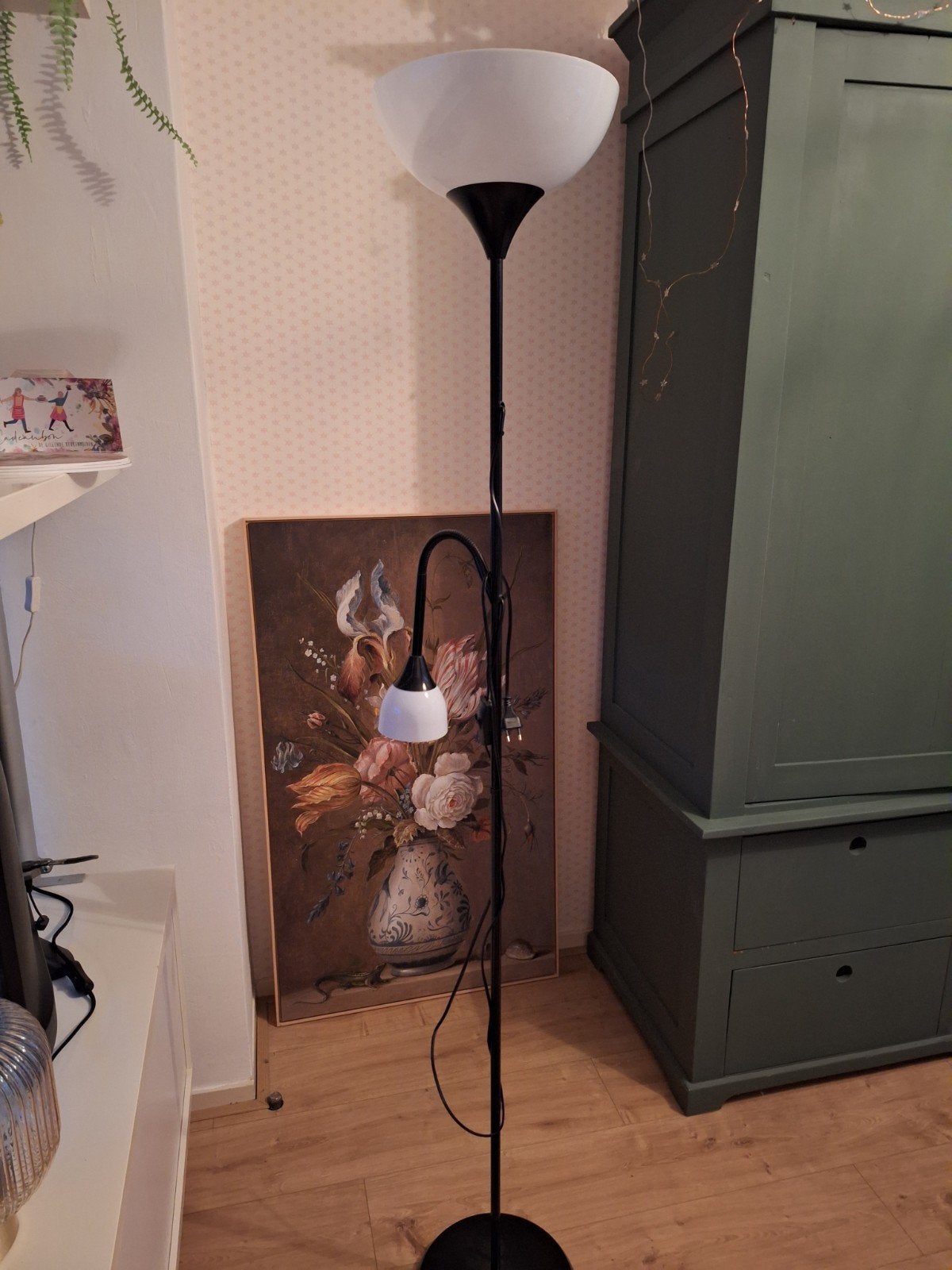Zwarte vloerlamp met leeslamp, staande lamp, Ophalen, Gebruikt, Glas, Modern