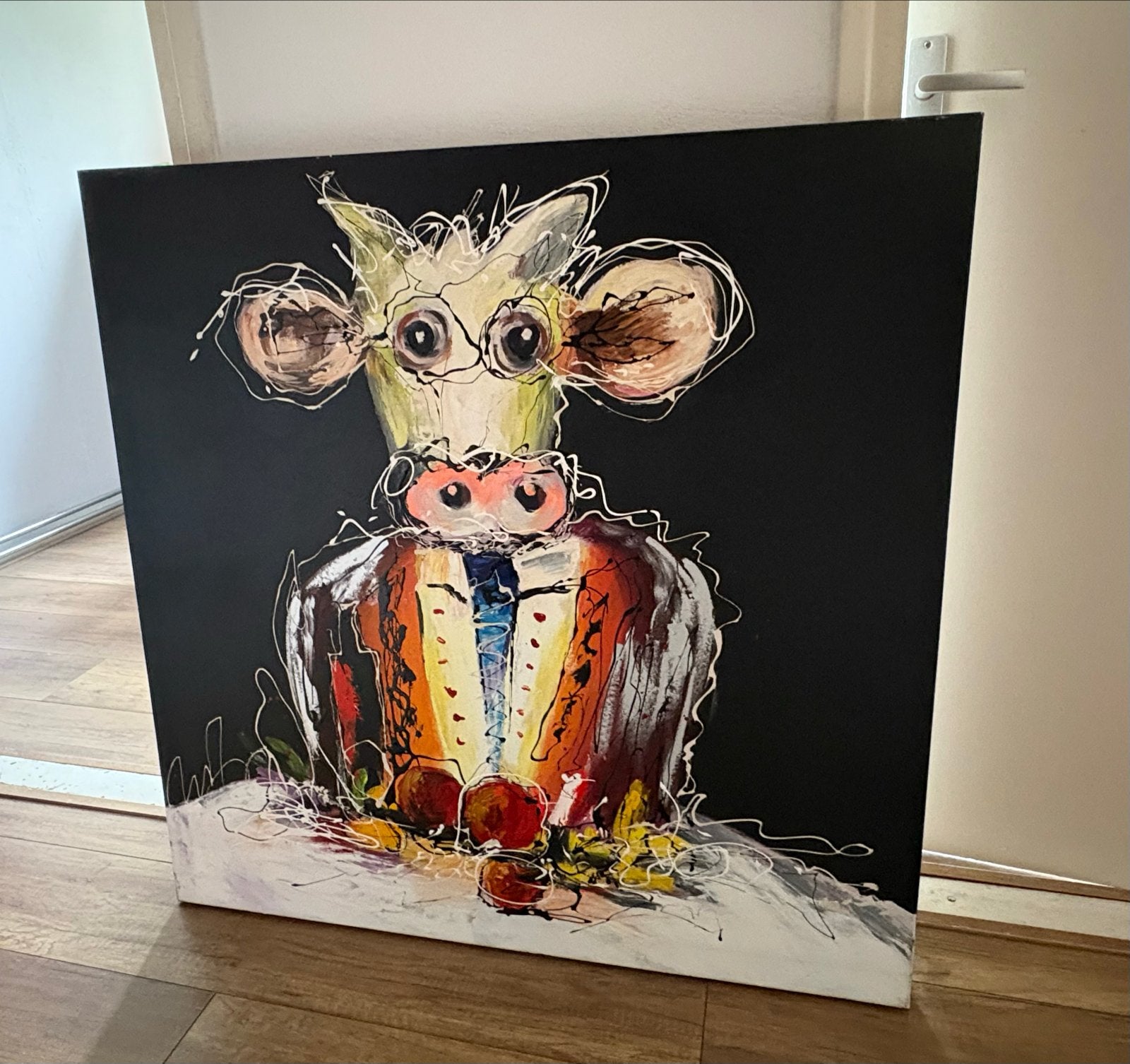 Cobra Art Schilderij 'Koe in Pak' 100x100cm, Antiek en Kunst, Kunst | Schilderijen | Modern, Ophalen