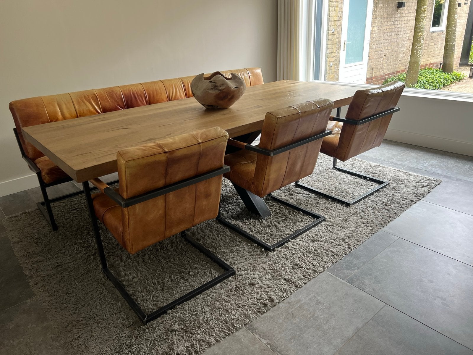 Leren eetkamerbank en 3 stoelen - Industrieel design, Ophalen, Gebruikt, Leer, Drie