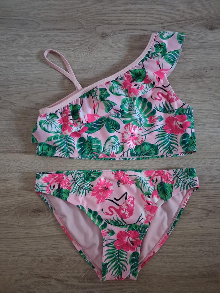 Roze bloemen flamingo bikini maat 146 152, Bikiniset, Meisje, Ophalen of Verzenden, Zo goed als nieuw