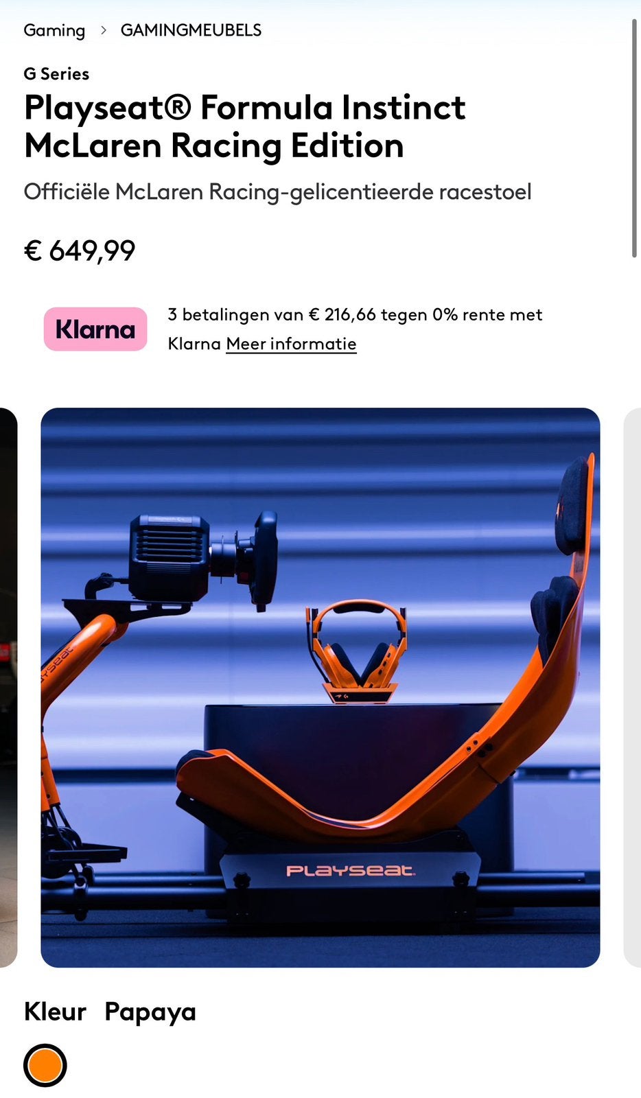 Playseat Formula Instinct McLaren Racing Edition, Spelcomputers en Games, Ophalen, PlayStation 5, Nieuw, Playseat of Racestoel