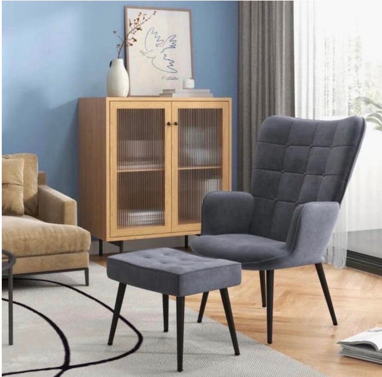 HOMCOM Fauteuil met voetenbank, donkergrijs, knoopsteek NEW, Huis en Inrichting, Fauteuils, Nieuw, 75 tot 100 cm, Ophalen of Verzenden