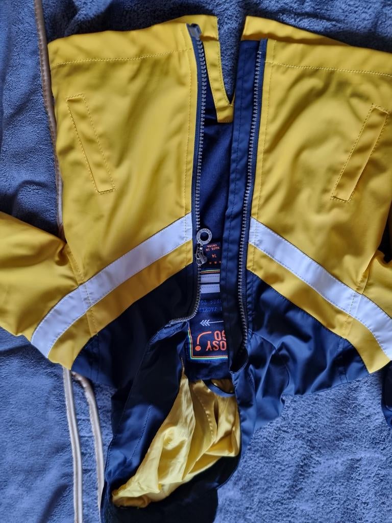 Geel-blauwe kinderjas met rits maat 74, Ophalen of Verzenden, Zo goed als nieuw, Onbekend, Jongen of Meisje