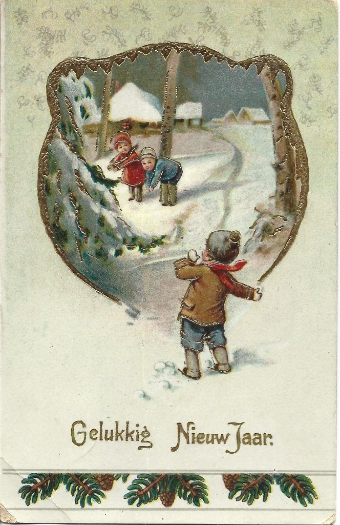 Antiek*gelukkig Nieuwjaar*Goudopdruk*Kinderen*Passe partout, Verzamelen, Ophalen of Verzenden, Voor 1920, Gelopen, Kinderen