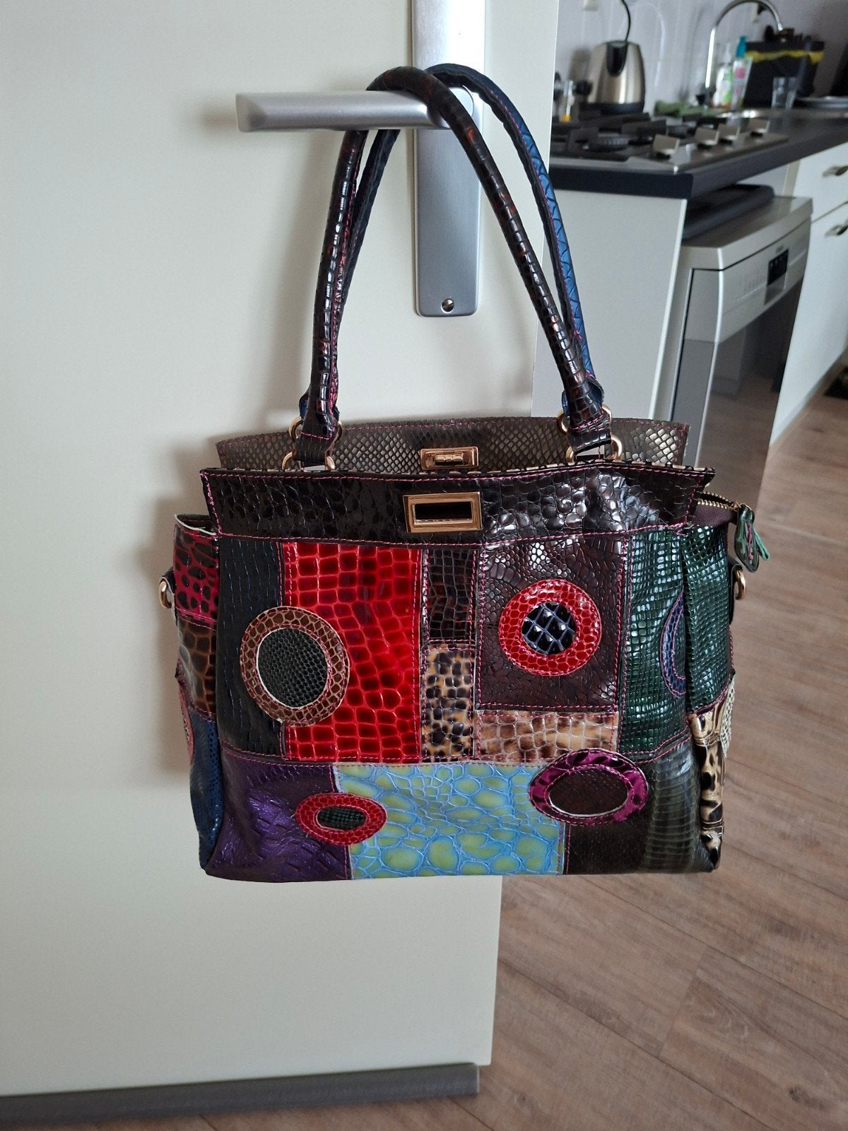 Unieke handtas met patchwork en dierenprint, Ophalen, Zo goed als nieuw, Overige kleuren, Handtas