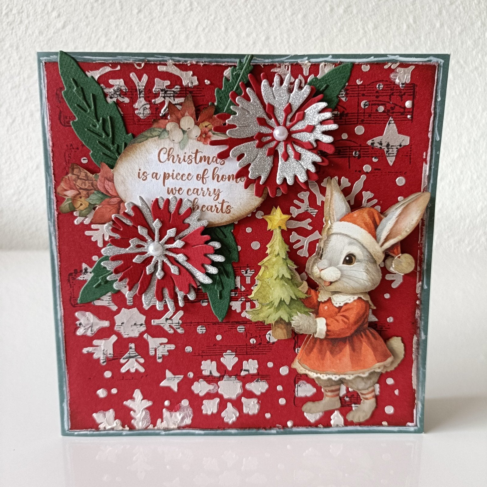 Zelfgemaakte 3D Kerstkaart met Konijntje, Handgemaakt, Nieuw, Ophalen of Verzenden, Papier of Karton