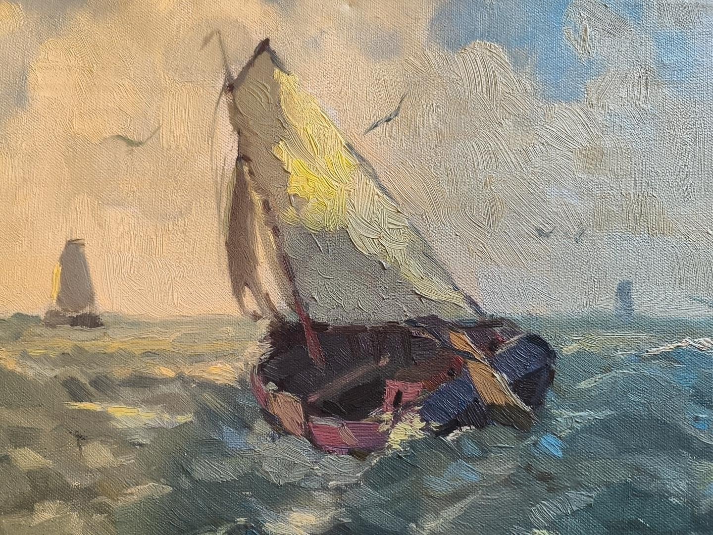 Olieverfschilderij “Botters op de Zuiderzee” – gesigneerd, Maritiem / water, Doek, Ophalen of Verzenden, Gedateerd