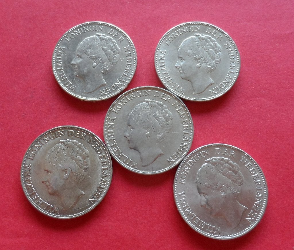 5 x 1 gulden Wilhelmina, diverse jaren, zilver, 1 gulden, Setje, Zilver, Ophalen of Verzenden