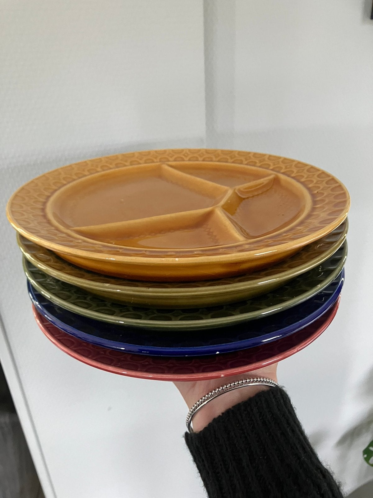 Sarreguemines vakjesborden gourmet borden bruin geel blauw, Ophalen of Verzenden, Zo goed als nieuw, Bord(en), Overige stijlen