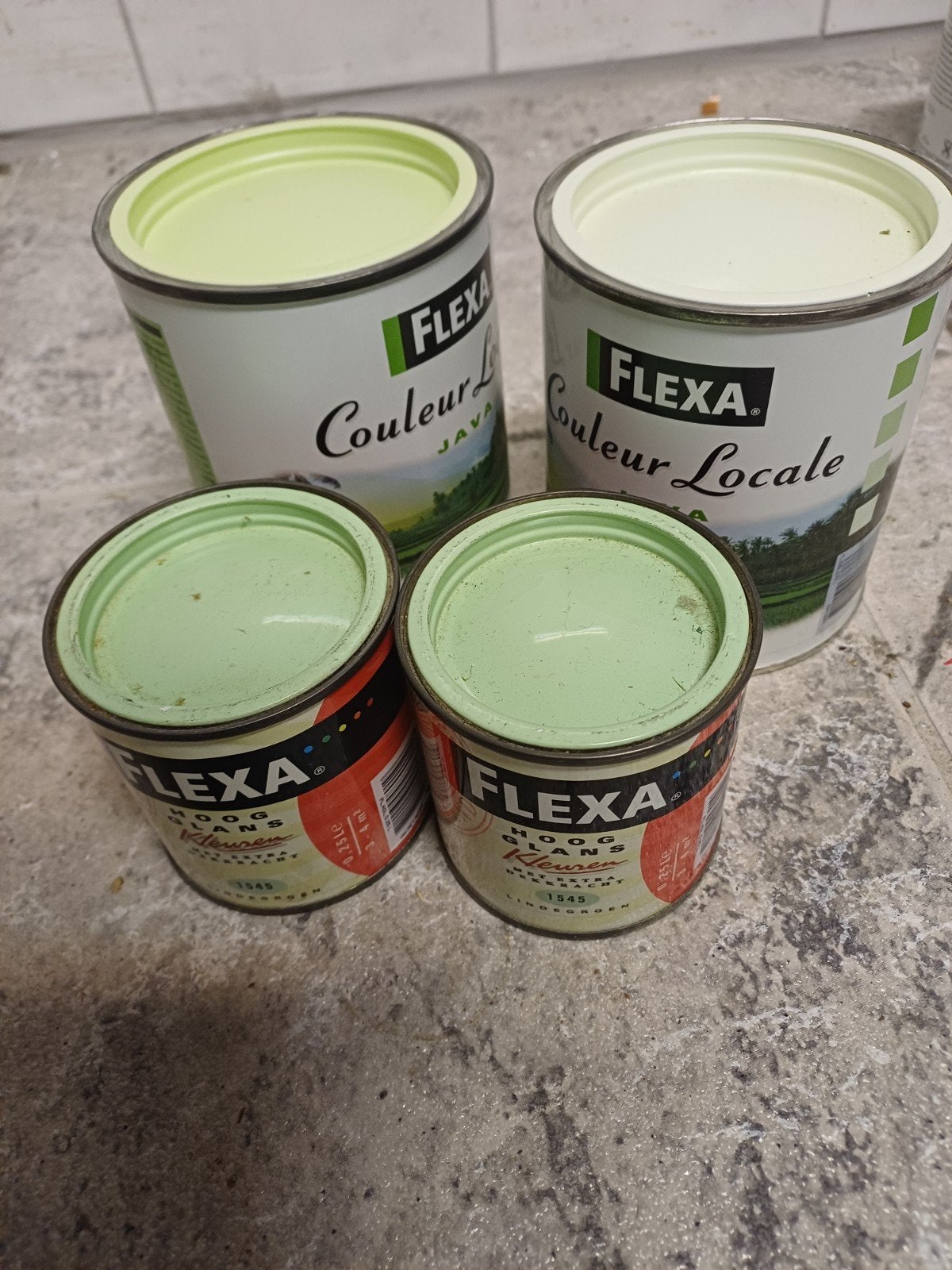 Nieuwe blikken Flexa verf: Java en Lindegroen, Doe-het-zelf en Verbouw, Schildersmaterialen, Ophalen