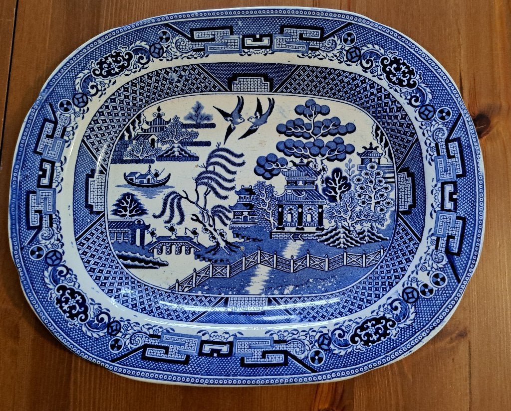 1860 Antieke schaal H. Wileman Foley Blue Willow Stone China, Verzenden